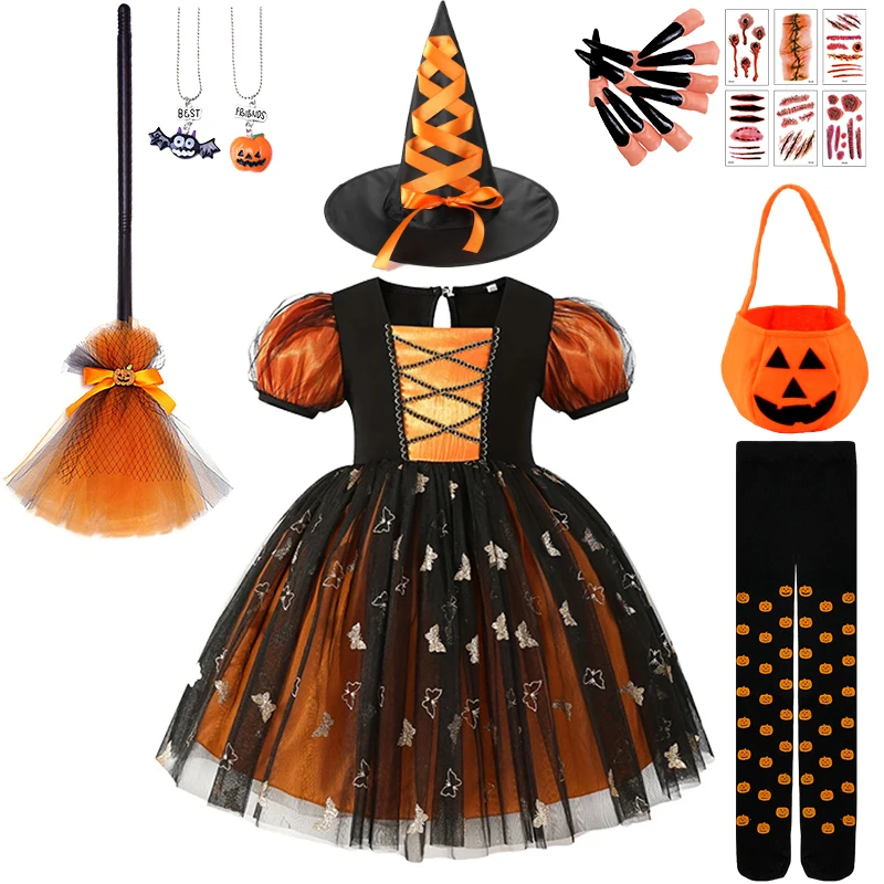 Disguised Kids Pumpkin Witch Tutu Dress Halloween Cosplay Witch Stage Performance Children's Costume Carnival Party Girls Outfit
