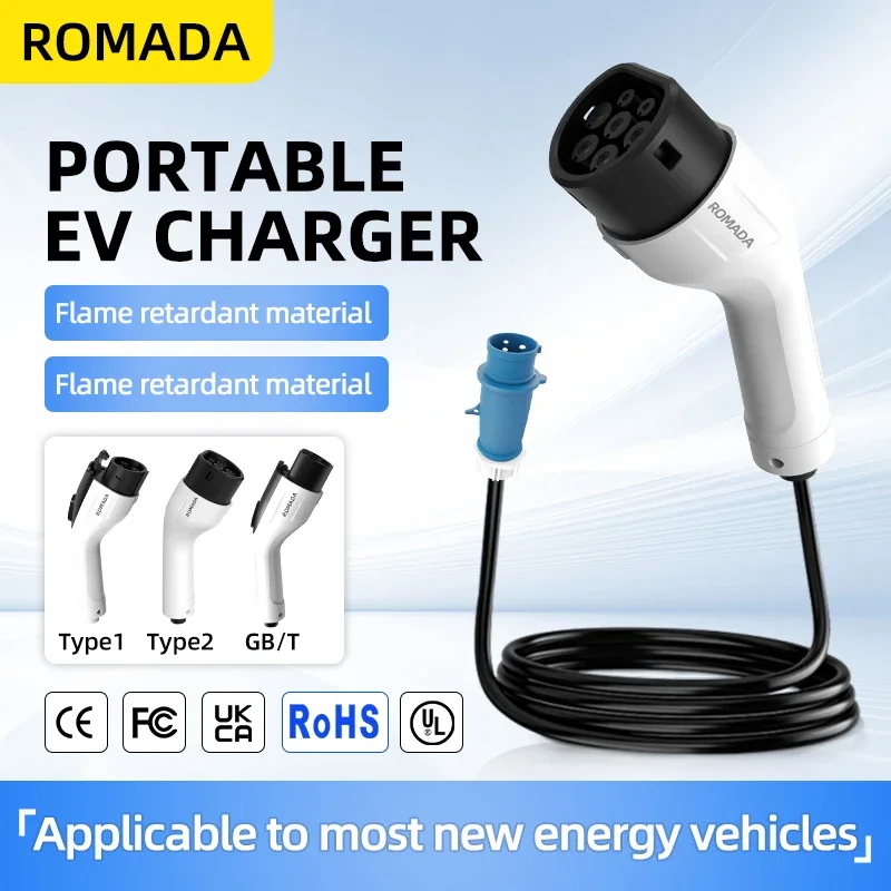 ROMADA 32A 7KW Portable EV Charger EVSE Plug And Play CEE Plug Type2 GBT20234 Type1 3M 5M 10M 15M 20M Cable