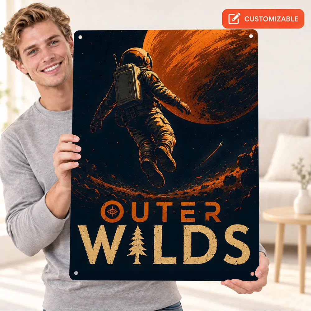 Outer Wilds Printed Poster Personalized Aluminum Metal Sign Astronaut Orange Planet Graphic Wall Art For Game Lounge Gamer Gift