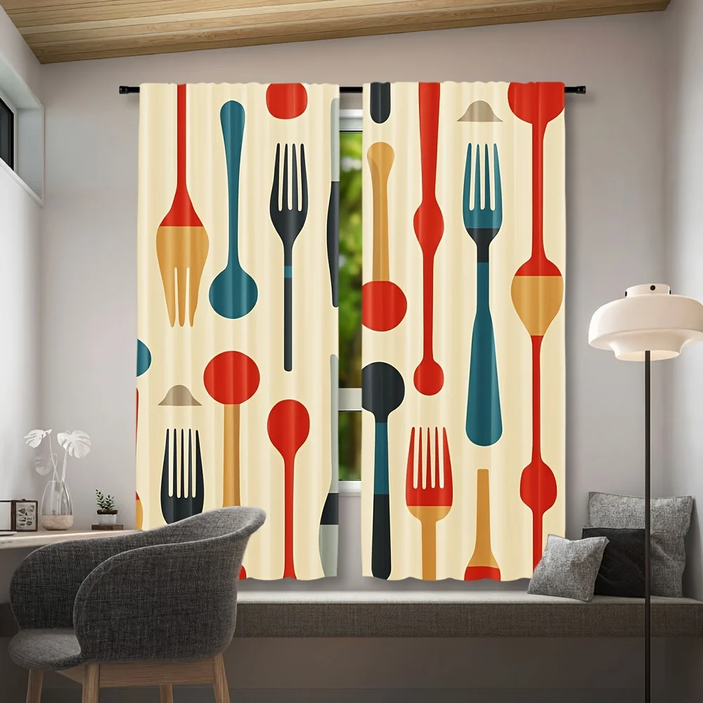 Retro Kitchen Curtain, Colorful Fork Spoon Print Drape, Vintage Dining Room Window Treatment for Home Decor