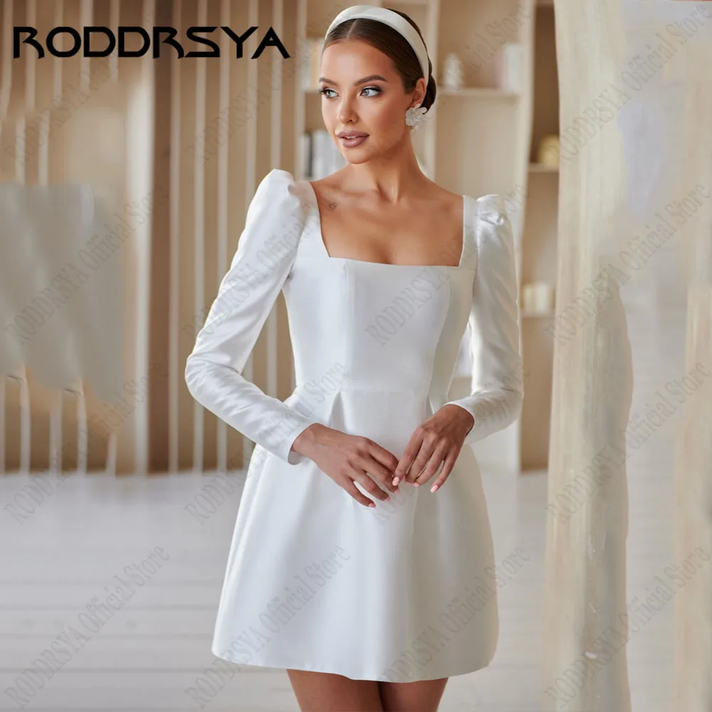 RODDRSYA Long Sleeve Short Dress For Bride Squre Neck Simple Satin Wedding Party Gowns A-Line vestidos de novia boda Customized