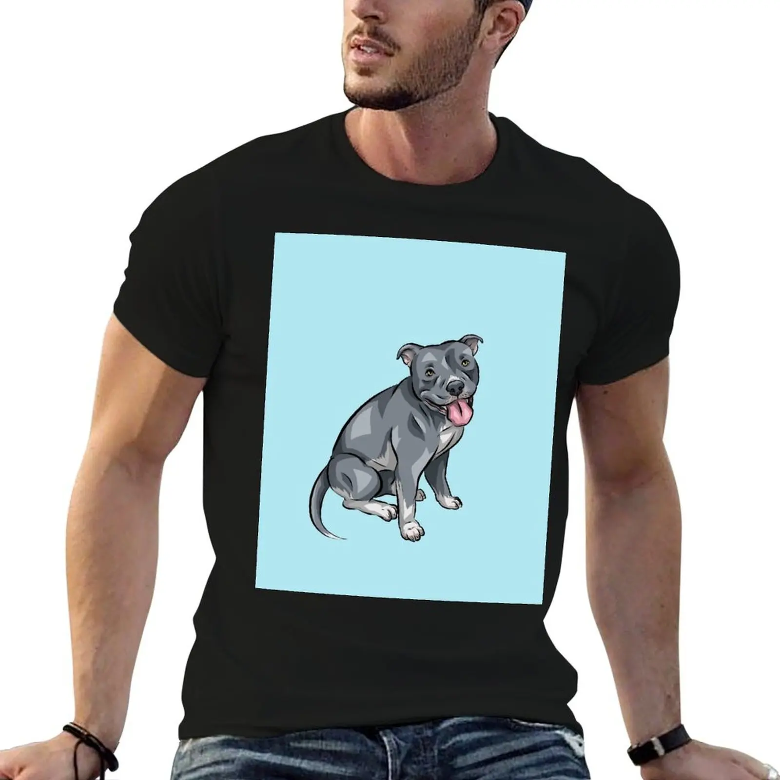 Camiseta con estampado de perro de dibujos animados, camiseta con gráfico creativo, color azul American Bully Merle