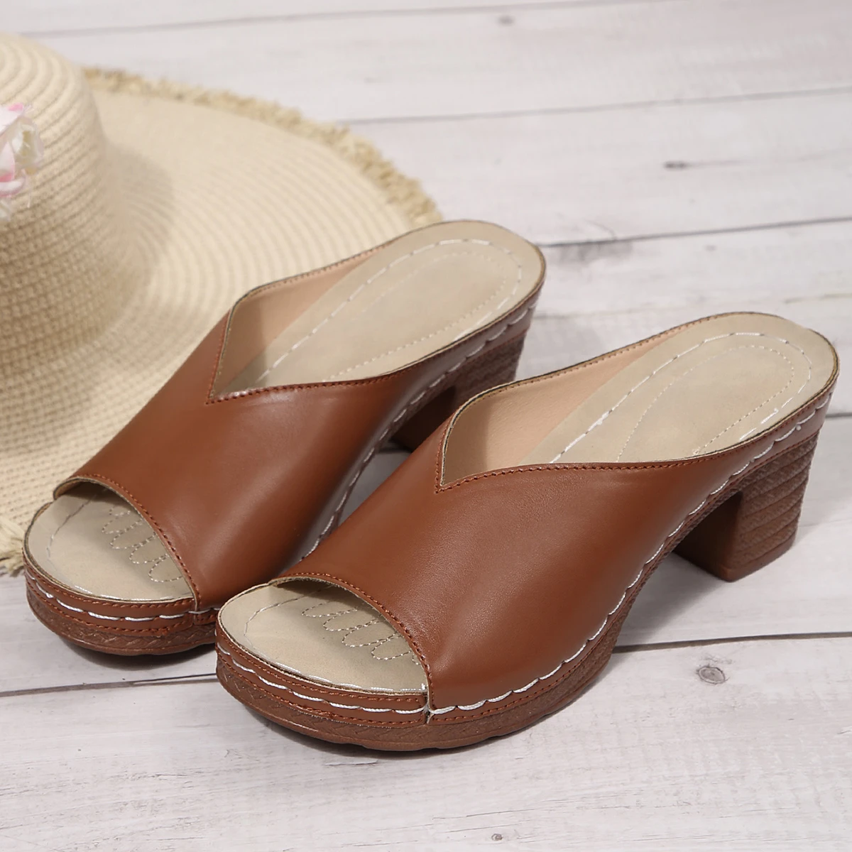 Damen Open-Toe High-Heel Pantoletten – Sommer Neuheit für Outdoor-Tragekomfort – Slip-On Schuhe in den Größen 36-43 mit Polyurethan-Obermaterial und Dämpfung – Detail 12