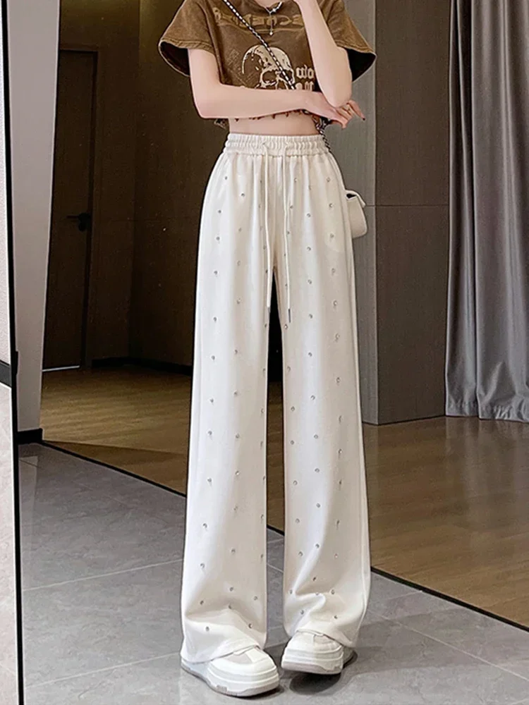 Heavy Industry Hot Diamond Wide Leg Pants for Women\'s Spring New Casual High Waist Loose Straight Tube Drop Floor Dragging Pants