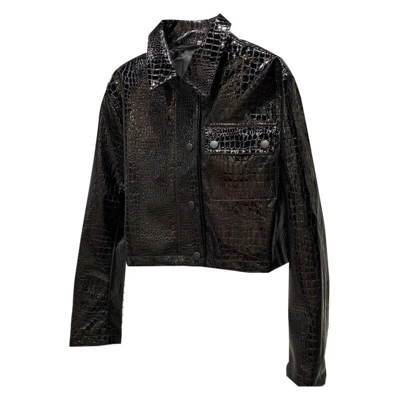 Fashion Jackets Short Black Glossy Coats Lapels Single Breasted Tops Crocodile Grain Long Sleeve Slimming Jackets Women's Coat