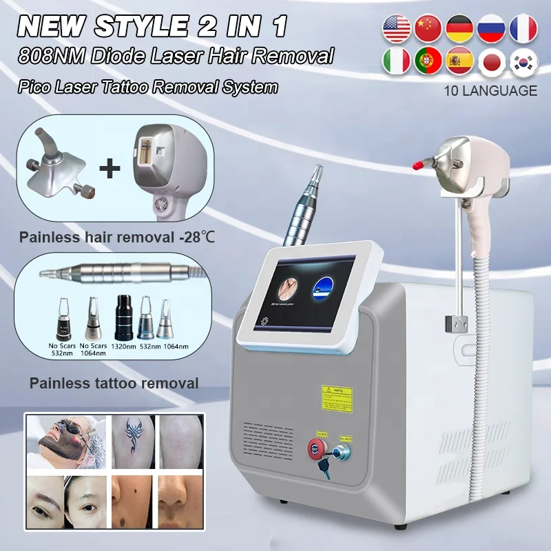 

Newest 2 In 1 Multifunction 808nm Diode Laser Hair Removal Picosecond Machine Pico Laser Tattoo Removal Machine Remove Hair