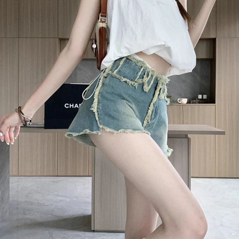 شورت Spice Girl عالي الخصر من قماش الدنيم بتصميم صيفي 2025 يشعر بالسراويل النسائية الساخنة الخام #6