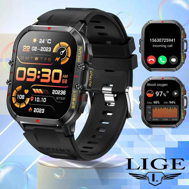 

LIGE 1.96'' Smart Watch For Men Women Waterproof Sports Fitness Tracker With 100+Sport Bleutooth Call 370mAh Battery Smartwatch