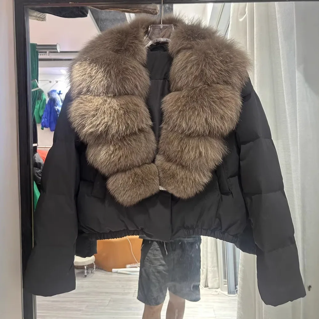 

Women Winter Short Waterproof PU Puffer Coat Female Thick Parkas Large Natural Fox Fur Collar 90% White Duck Down Jacket