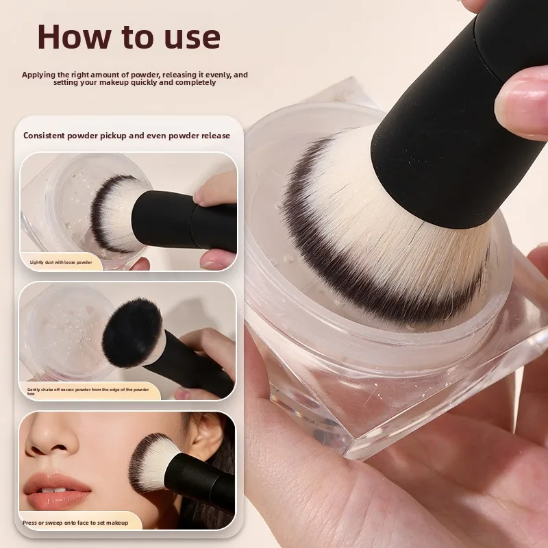 Flat Round Foundation Brush, Portable Fluffy Powder Brush for Setting & Blending, Black Compact Kabuki Brush, Non-Absorbent