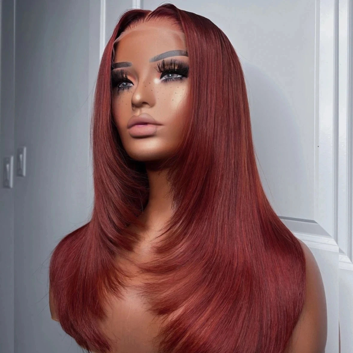 

ZXBMALWIGS Layer Straight Reddish BrownFor Women Synthetic Hair Glueless Lace Front Wigs Lace Frontal Wig PrePlucked Hairline