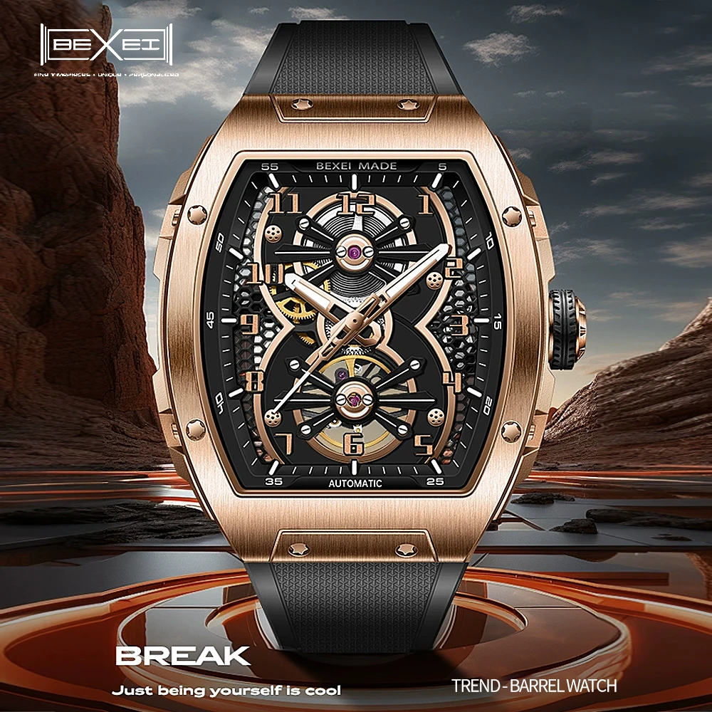 

BEXEI Barrel shape Tonneau watch skeleton dial Automatic mechanical movement for men Luminous Sapphire business watch