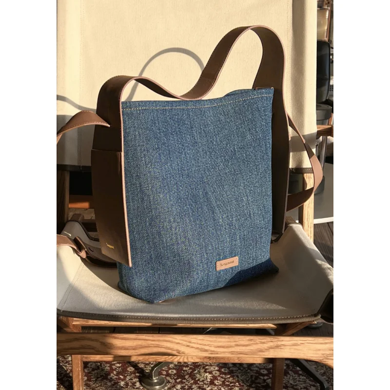 France Female Hanging Ear Tote Bag Denim Patchwork Commuting Shoulder Bag Single Shoulder Underarm Bag for Women