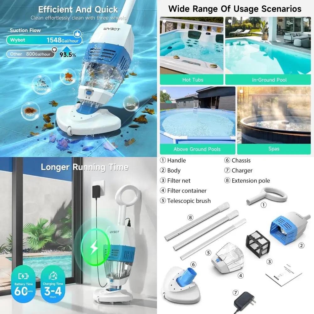 

Телескопический пылесос для бассейна Hyson 100P, перезаряжаемый, 60 минут использования, сетчатый фильтр, подходит для надземных и подземных бассейнов,