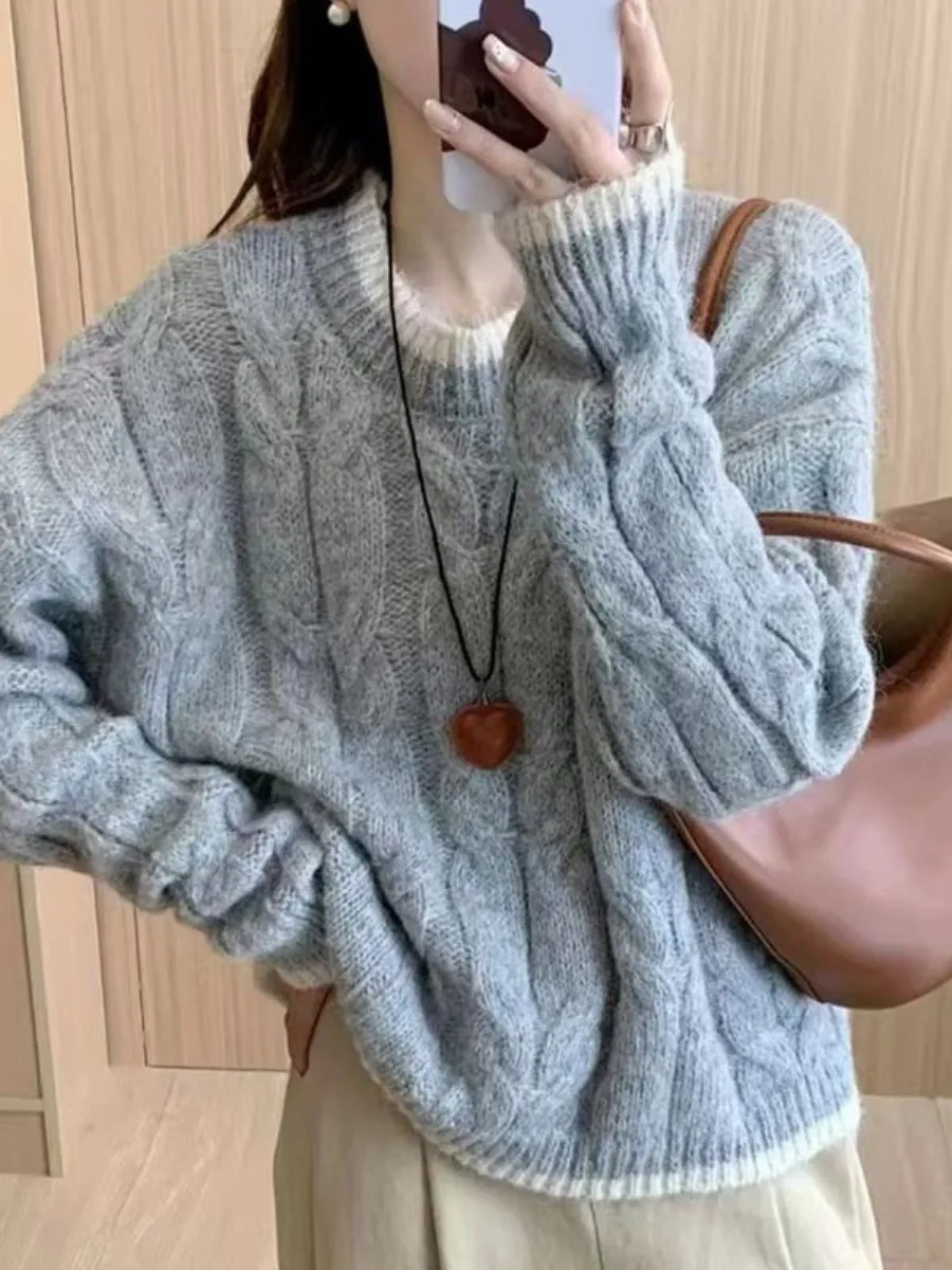 

Thickened Color Block round Neck Sweater Women's Autumn Winter Style Loose Fashion Knittedwear Versatile Set Multi-Piece Set