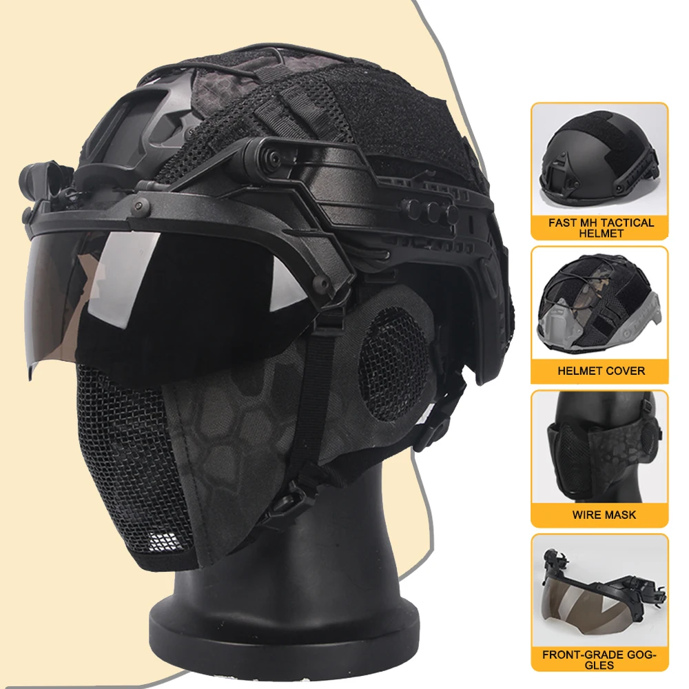 FAST Tactical Airsoft Helmet Set with Helmet Cover Mesh Mask 90° Adjustable Goggles For Outdoor Sport Hunting Paintball Shooting