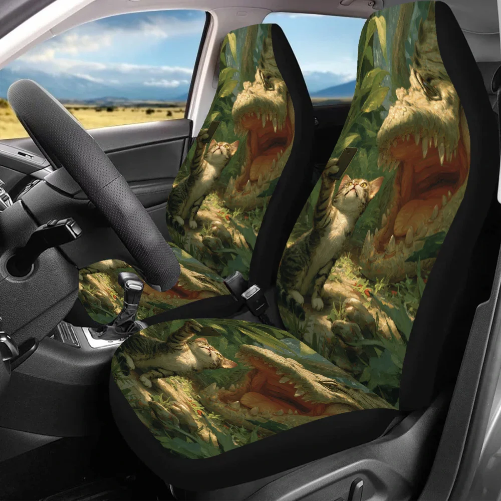 2pcs-Cute Cat Vs Dinosaur Print Car Seat Covers | Universal Fit For Car, SUV, Sedan | Enhance Driving Pleasure, Polyester Materi