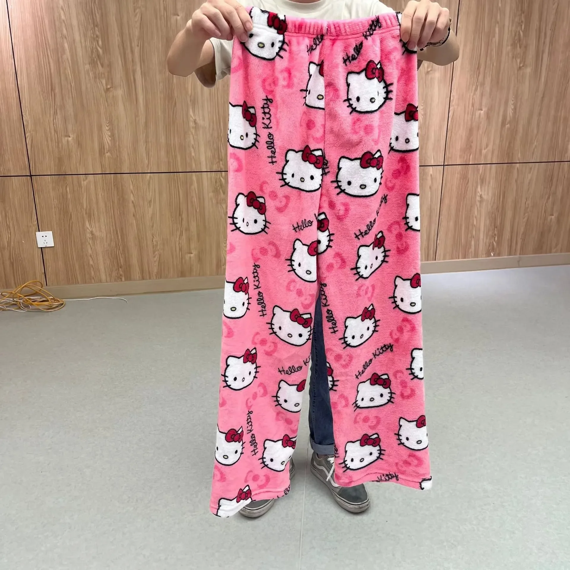 2026 Hello Kitty Fleece Coral Pajama Pants Soft Trousers Women Casual Home Trousers Anime Cartoon Family Matching