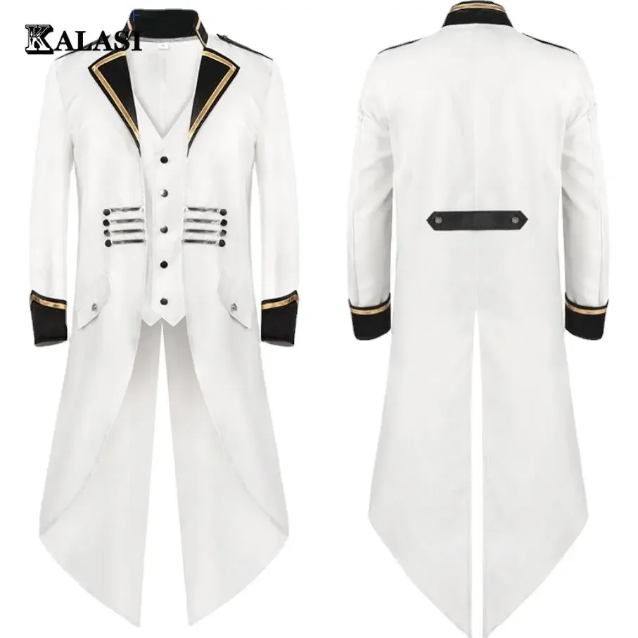 

Military Medieval Men Costume White Sailor Officer Cosplay Jacket Trench Coat Victorian Renaissance Style Clothing S-4XL