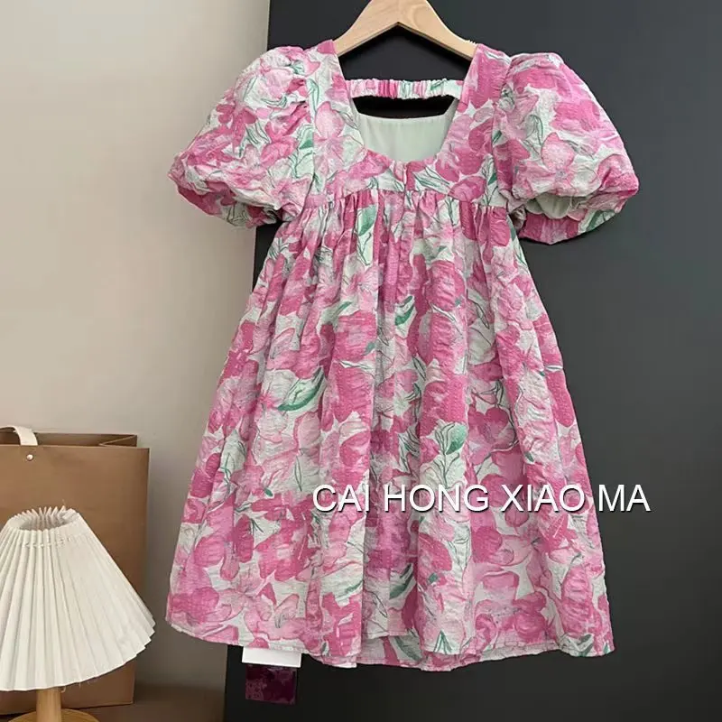 Freizeitkleider für Mädchen, Kleid mit Blumenmuster und Puffärmeln, Kinderkleider für Mädchen, Prinzessinnenkleid, Kinderkleidung für Mädchen