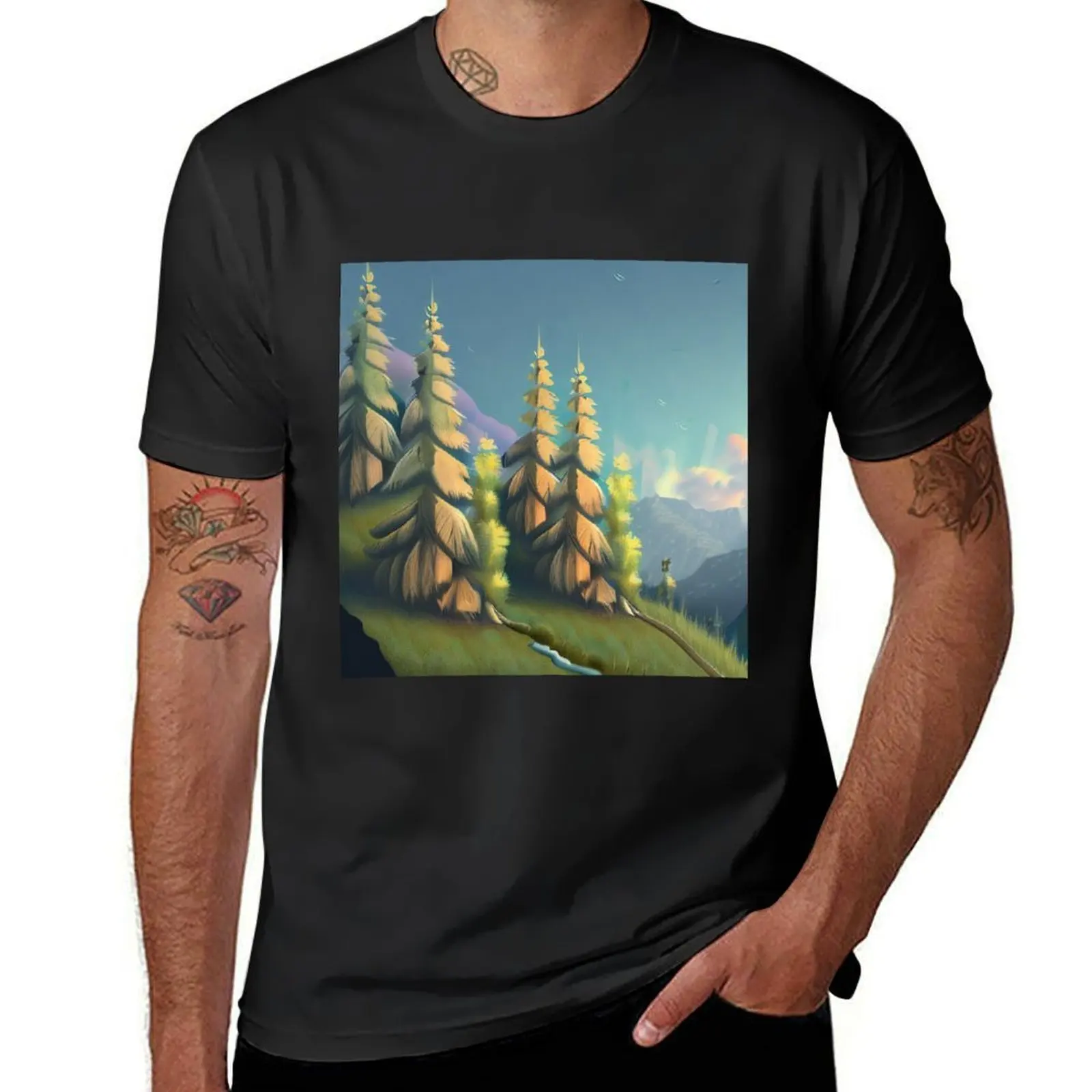 

Mountainous Landscape With Trees T-Shirt vintage clothes cute clothes plus sizes plain black t shirts men