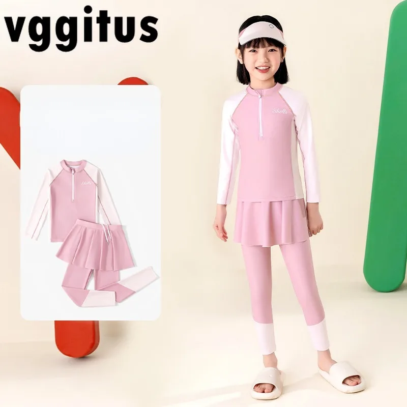 

Girl's Long Sleeve Split Swimsuit Sets Pink Purple Half Zipper Pullover Top+Leggings Skirt Conservative Sunscreen Swimwear H1176