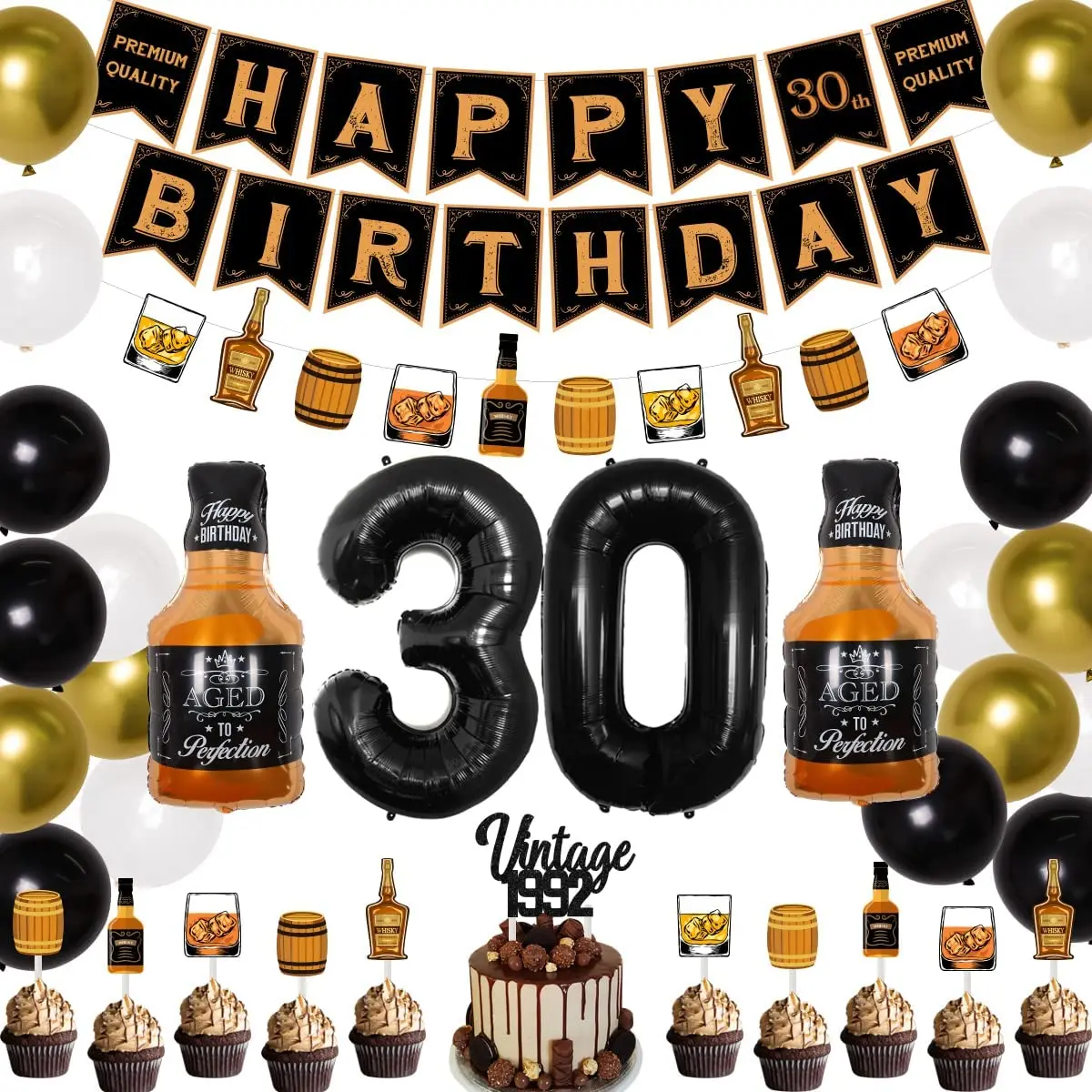 

Birthday Party Decoration for Men, Whiskey Banner, Garland, Cake Topper, Classic, Vintage, Beer, Happy Birthday, 30th, 40th