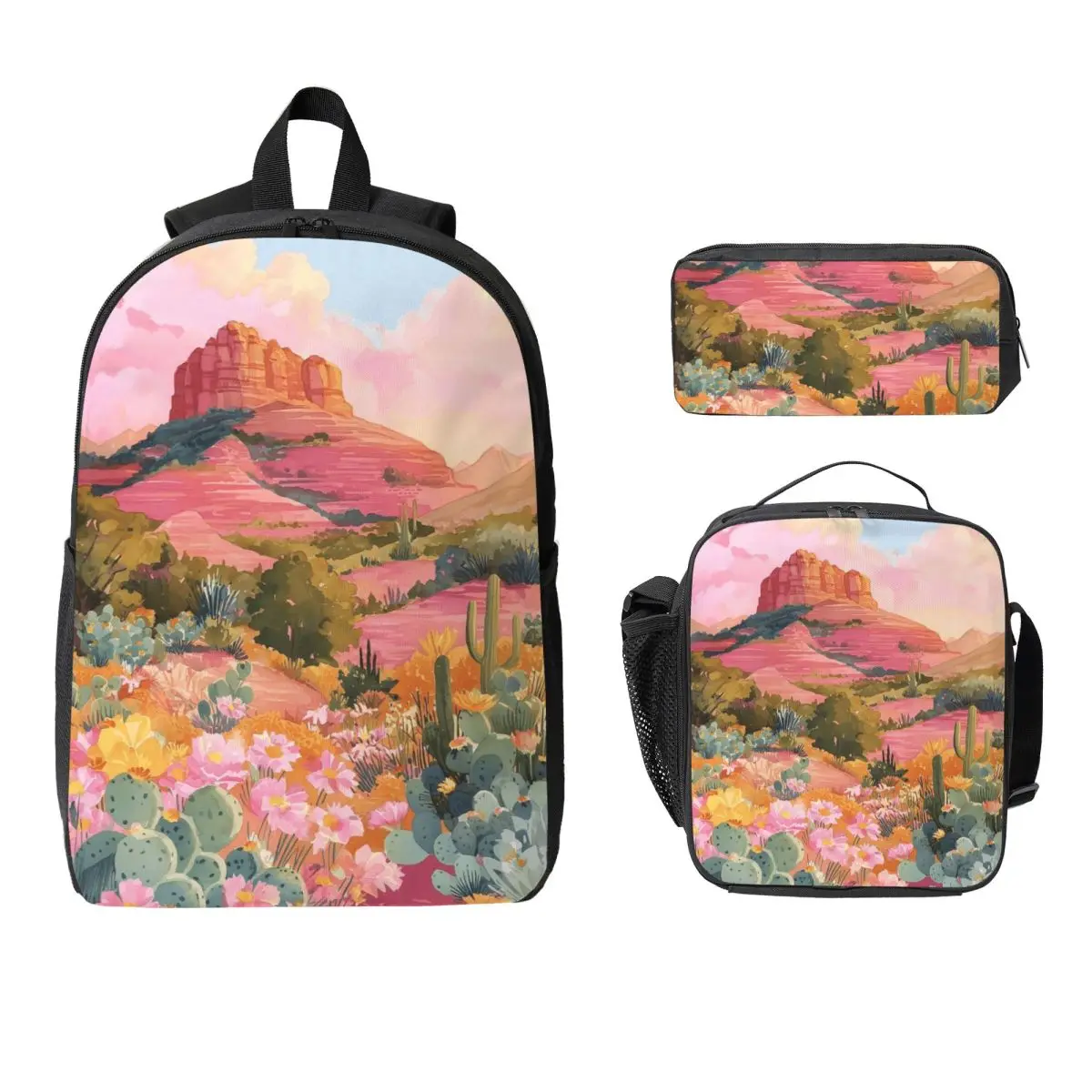 Cactus And Flower Desert Scenery Backpack Boys Girls BookBag School Bag Laptop Shoulder Bags 3ps Insulated Lunch Bag Pencil Case