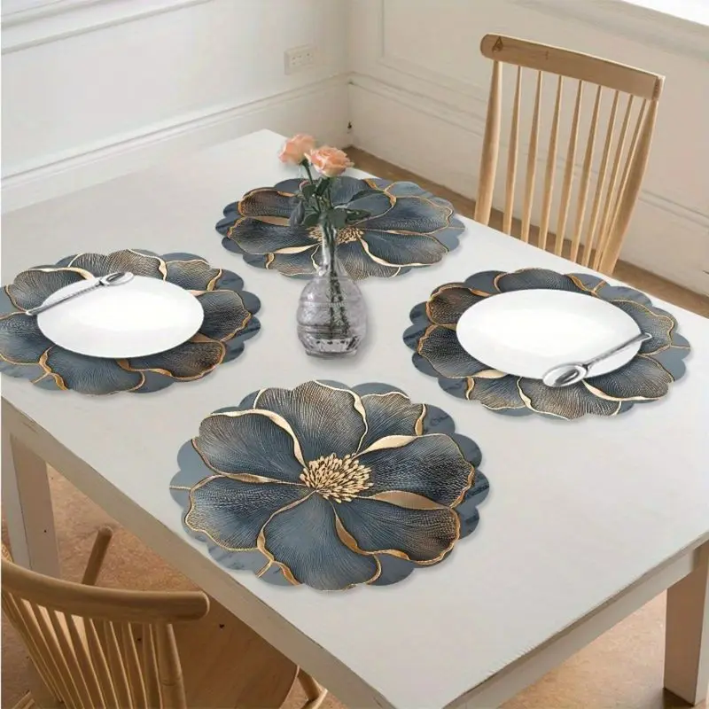 VIKAMA Light Luxury Tibetan Blue Placemat - Large Flower Wave Lace Heat Resistant Mat, Tray & Dining Table Decor