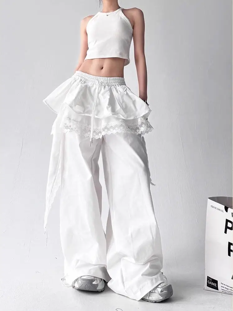 Retro High Waist Straight Leg Casual Pants Women's Summer American Vintage Loose Slimming Wide Leg Pants Design Sense Splicin...