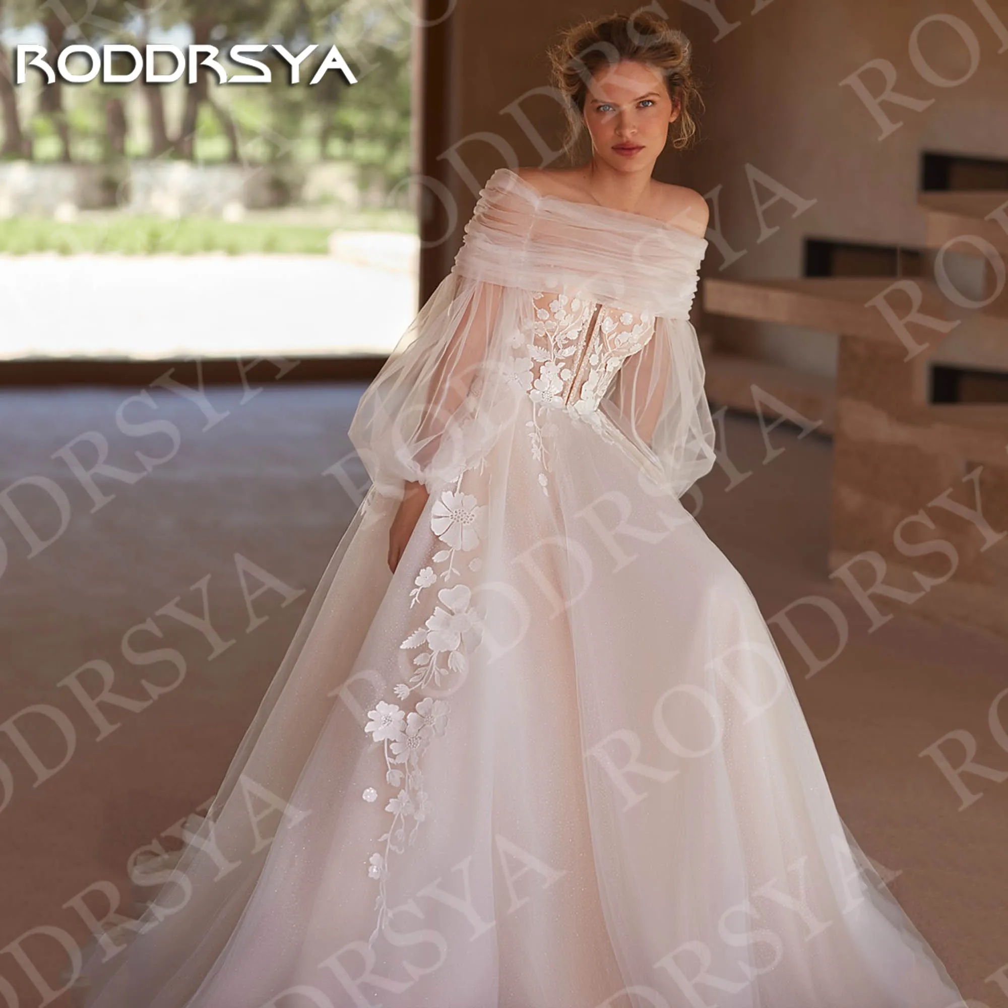 Roddrsya romântico uma linha vestidos de casamento para mulher fora do ombro floral renda tule vestido de noiva personalizado Romântico vestidos de noiva de linha para mulher fora do ombro Floral Lace Tulle Vestido de