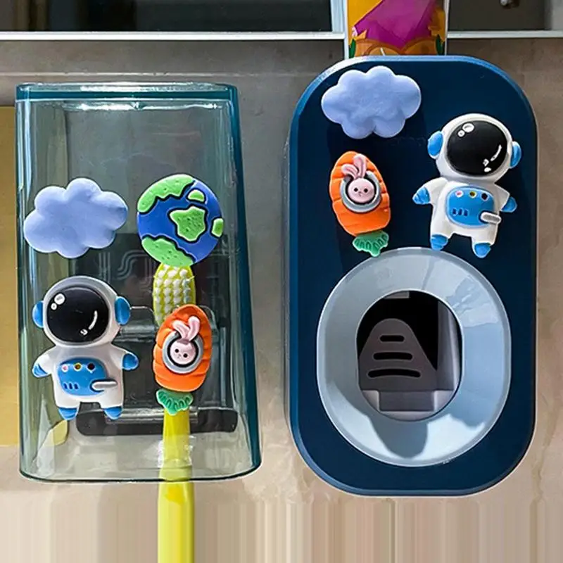 Kids Automatic Toothpaste Dispenser Cute Wall Mounted Tooth Brush Stand Set 3 PCS Punch-Free Multifunctional Stable Tooth Brush