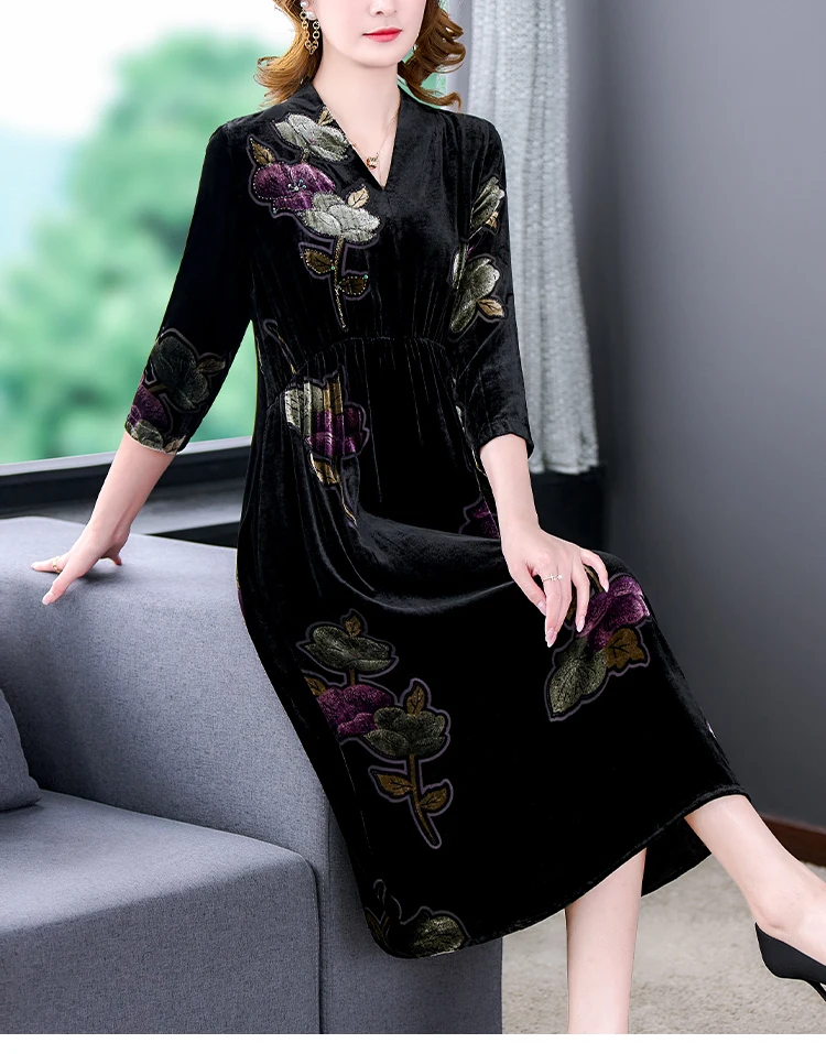 2023 New Fashion Silk Velvet Dress Women\'s Autumn And Winter Versatile Printed Dress French Loose Fit Casual Vacation Vestidos