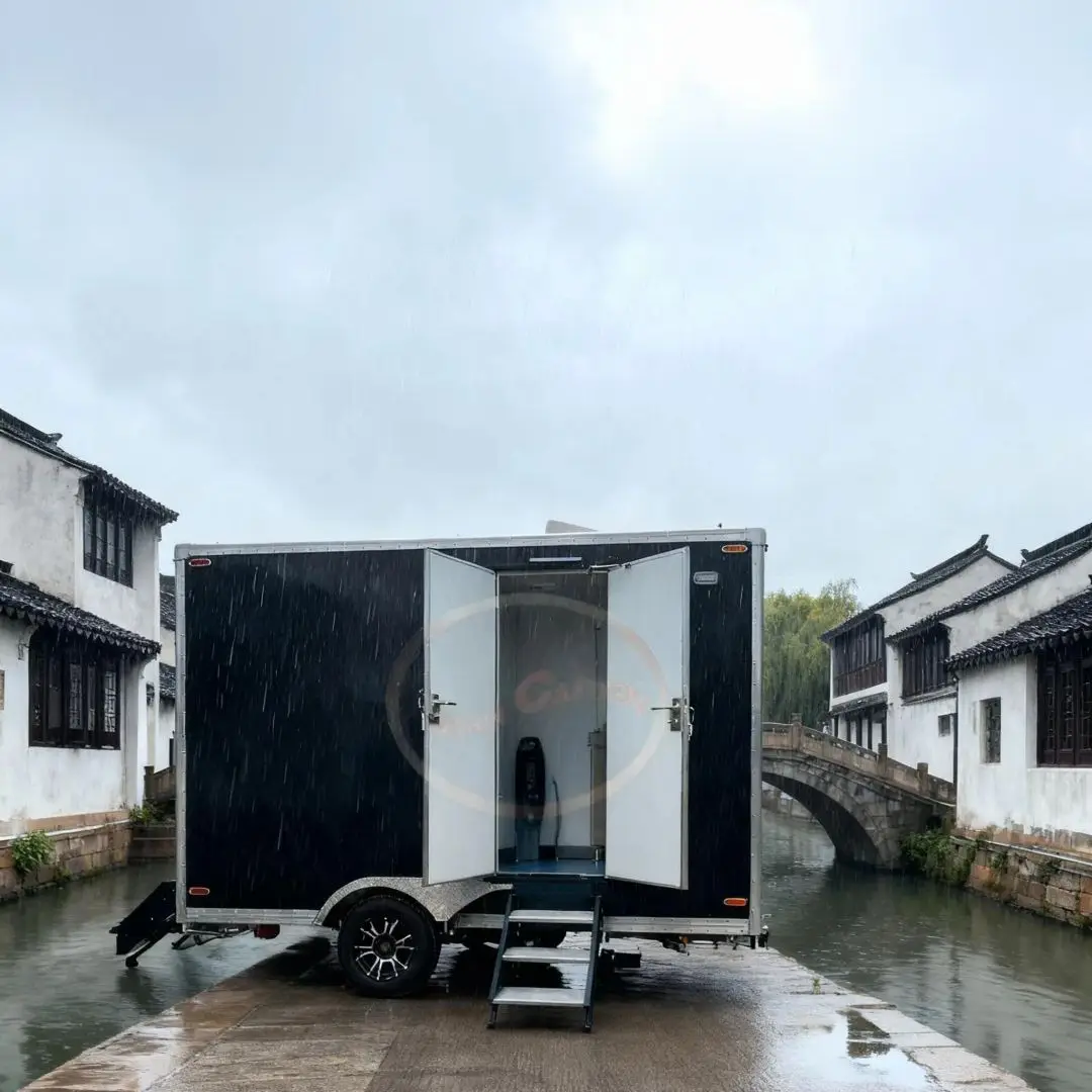 

Towed Trailer Portable Toilet - Mobile Outdoor Restroom with Flush & Vent for Camping, Construction Sites & Large Events