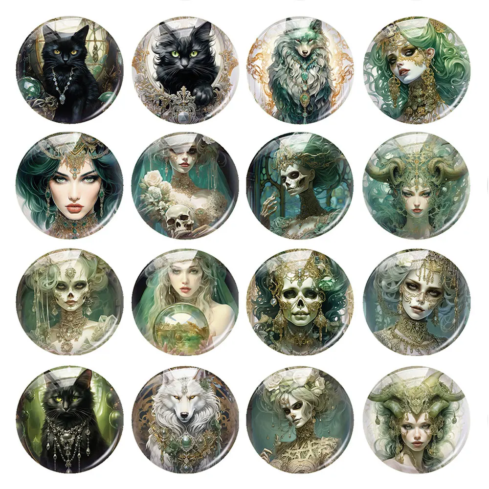 Handmade Halloween Gothic Green Witch Skull Wolf Cat Girl Photo Glass Cabochon Flatback Demo Cameo For Diy Jewelry Making