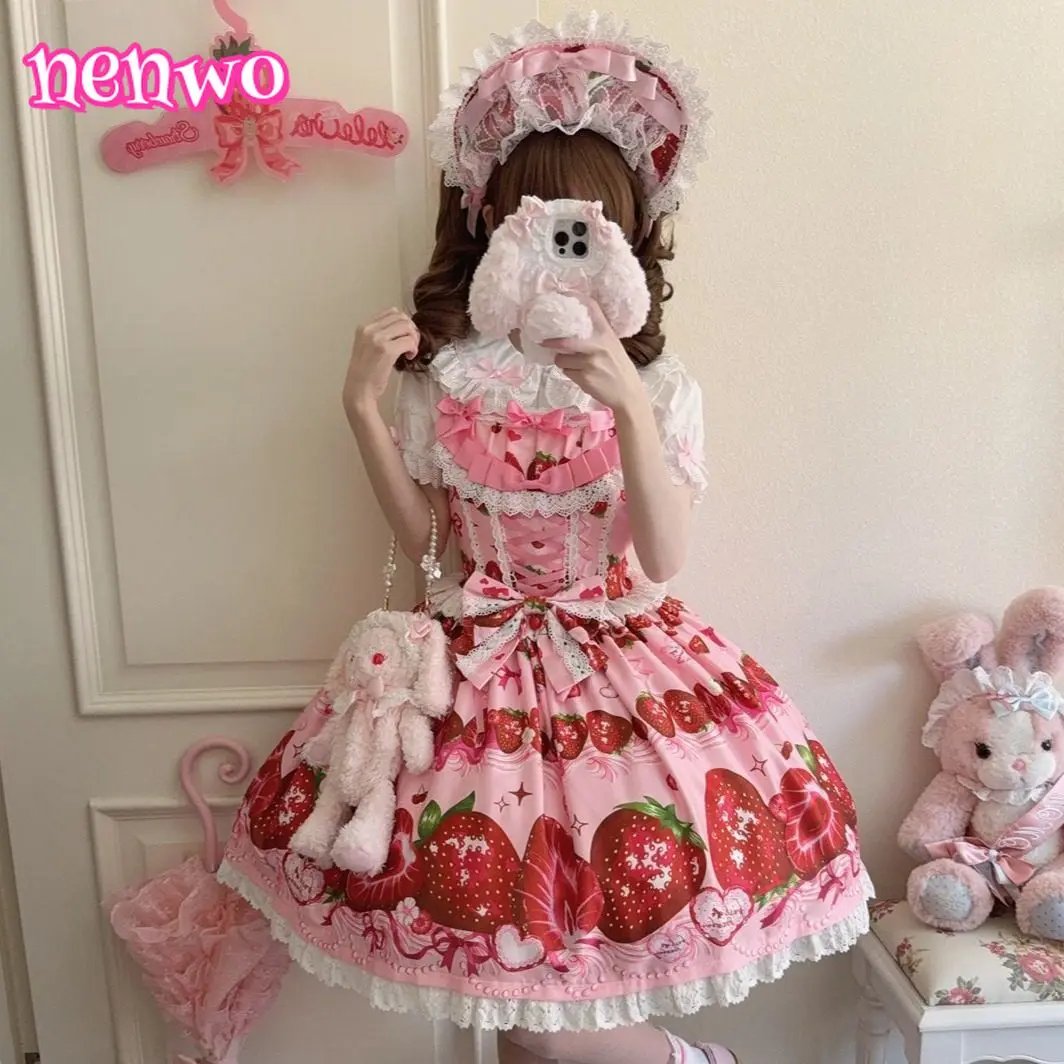 

Японское милое платье на подтяжках в стиле Лолиты с клубникой, женское кавайное платье с милым принтом Jsk, вечерние платья принцессы для косплея, винтажное платье