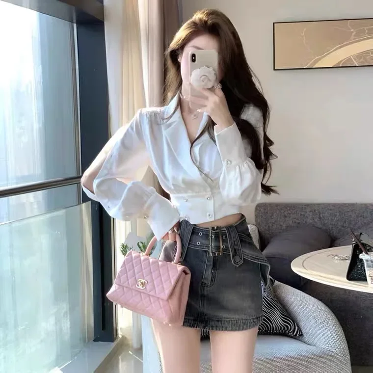 

Vintage Chic Women Solid Blouse Korean Spring Temperament Puff Sleeve Tops Y2k Female Turndown Collar Casual Short Shirts
