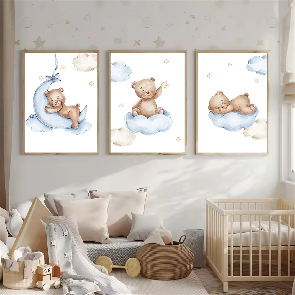 

Sleeping Cartoon Teddy Bear Posters Canvas Painting Blue Cloud Moon Wall Art Print Nursery Poster Wall Pictures Kids Room Decor