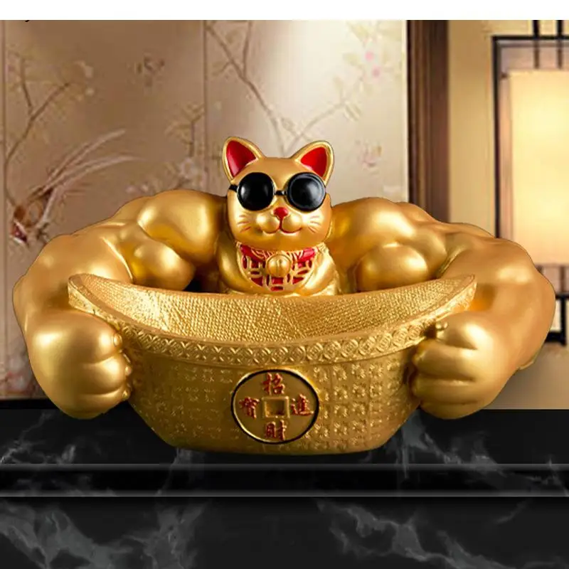 

Lucky Cat Storage Decoration Creative Living Room Decoration Golden Resin Animal Statue Crafts Muscle Lucky Cat Opening Gift