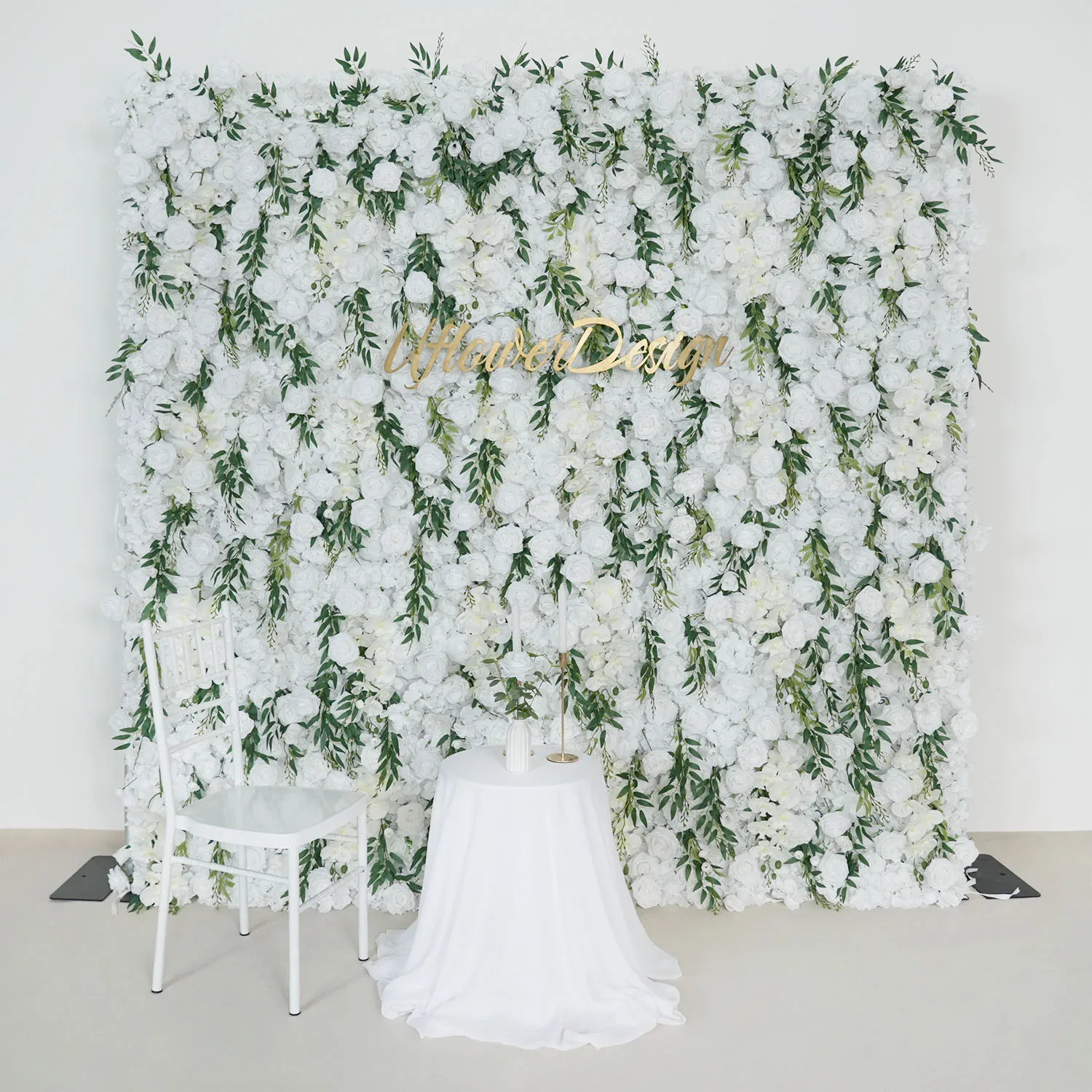 

Uflower White Rose Green Leaves Flower Wall Fabric Cloth Outdoor Wedding Backdrop Window Event Flower Decor Flora Arrangement