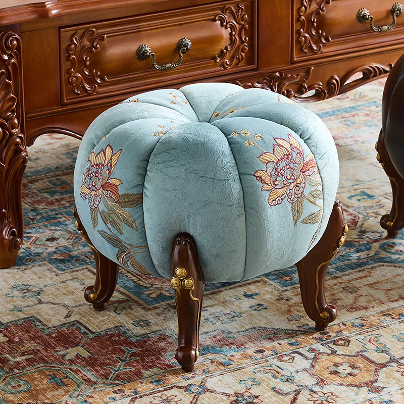 

American sofa stool fabric art living room coffee table low stool home villa European retro solid wood stool soft bag gold