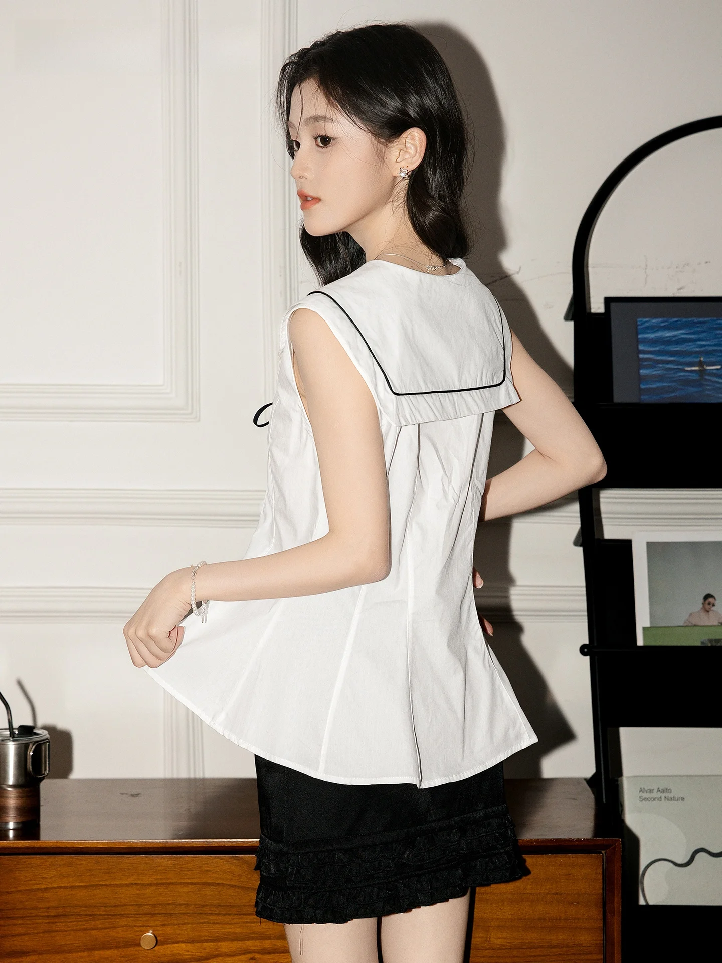 Slim Fit V-Ne Knot Svel irt Navy Collar Faion da donna Summer New Sle Commute Sle Versione coreana Top