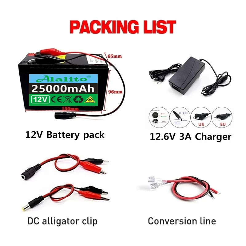 2024 Upgraded 12V 25Ah 18650 lithium battery Built-in BMS pack Rechargeable battery for solar energy electric vehicle battery