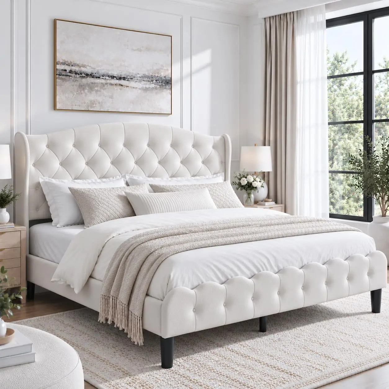King Size Upholstered Platform Bed Frame, Velvet Tufted Headboard, Heavy Duty Metal Slats, No Box Spring Needed,, Customized