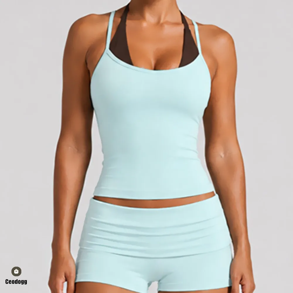 Pad Women Block Dot Halter Double Strap Yoga Bra Sports Bra Fake Two Piece Running Cinching Tank Tops Gym Vest Active Wear XP80