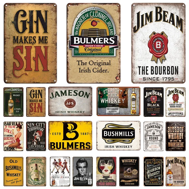 Retro Vintage Metal Plaque Whisky Bulmers Jim Beam Metal Sign Metal Plate Tin Signs For Bar Club Man Cave Pub Wall Decor