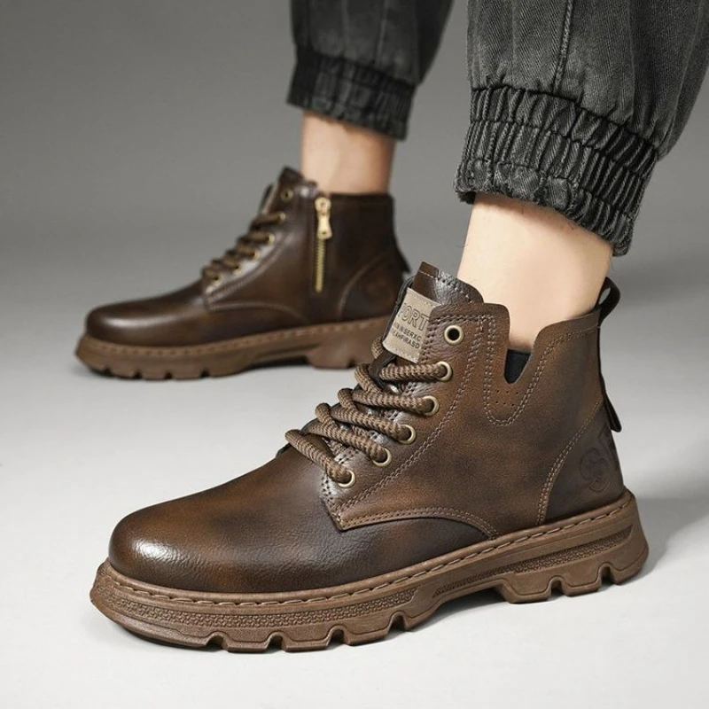 

Зимние мужские ботинки на высоком каблуке на платформе со шнуровкой в британском стиле, водонепроницаемая кожаная классическая дизайнерская удобная мужская обувь, распродажа