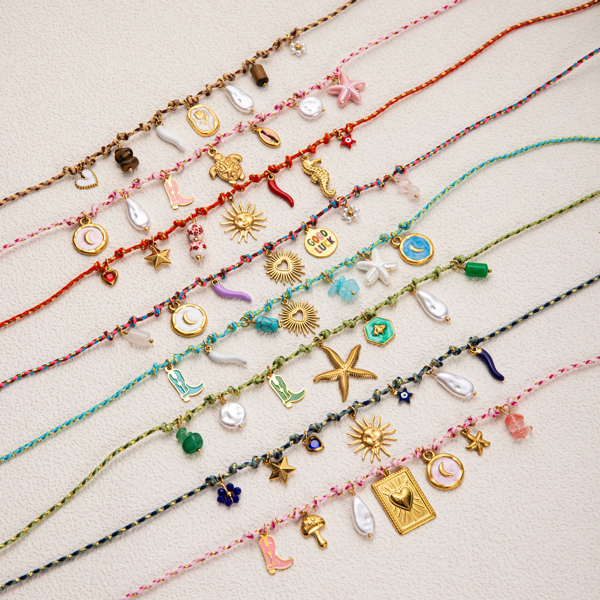 

Summer Sea Love Wind Starfish Pearl Love Pendant Colorful Dopamine Rope Necklace Gold Plated Color Preserved