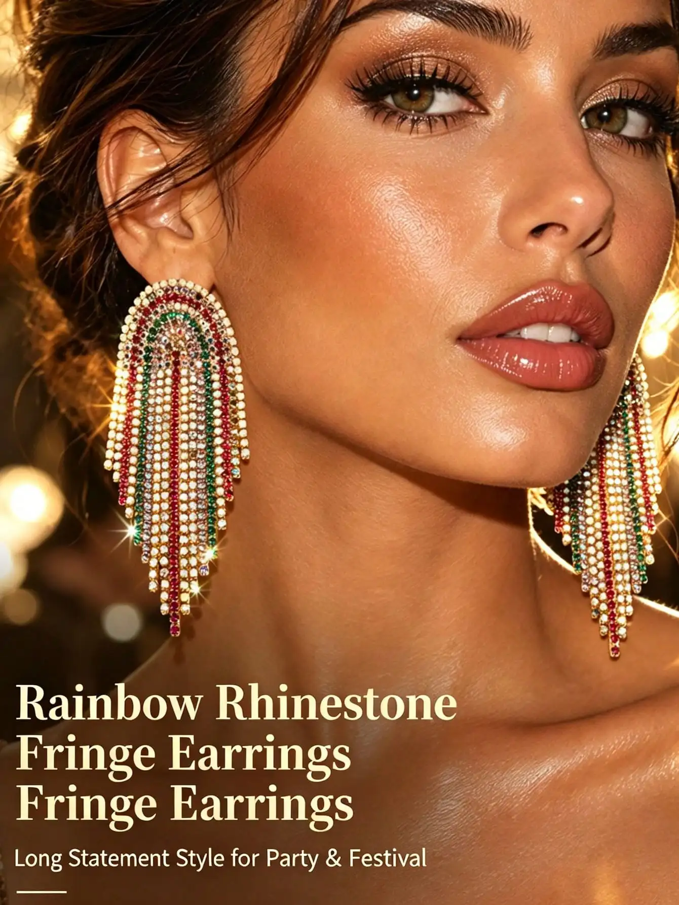 Women Colorful Rhinestone Long Tassel Drop Earrings, Glitter Rainbow Crystal Fringe Dangle Statement Earrings for Party Club