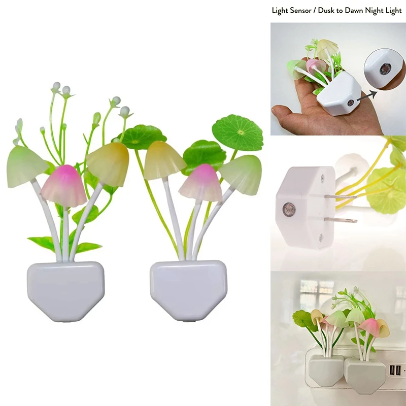 2 Buah Lampu Dinding Lampu Malam LED Jamur dengan Lampu Kamar Tidur Hemat Energi Daun Gulma Steker UE